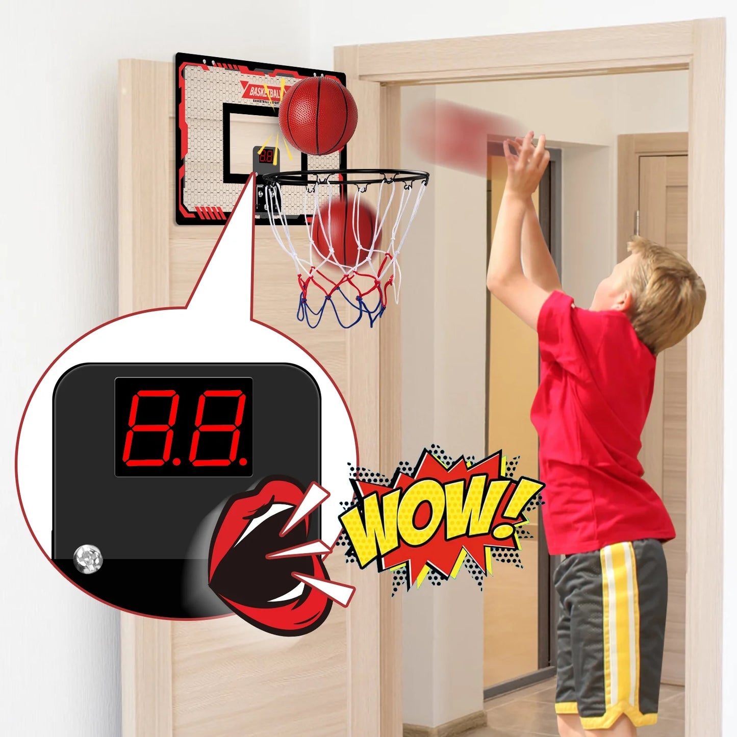 Indoor Basketball Hoop for Kids, Indoor over the Door Basketball Hoops, LED Light Mini Basketball Goals with 2 Balls & Electronic Scoreboard, Christmas Toys Gifts for 5 6 7 8 9 10-12+ Year Old Boys