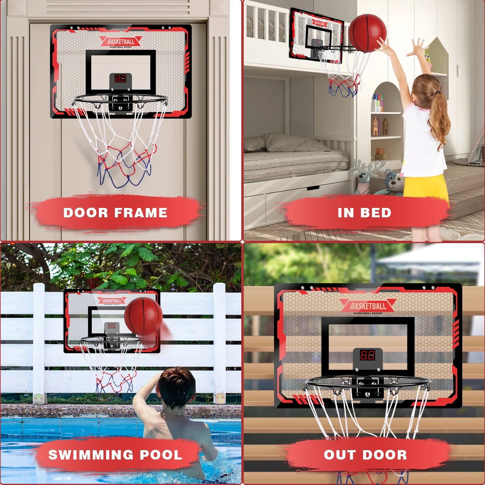 Indoor Basketball Hoop for Kids, Indoor over the Door Basketball Hoops, LED Light Mini Basketball Goals with 2 Balls & Electronic Scoreboard, Christmas Toys Gifts for 5 6 7 8 9 10-12+ Year Old Boys